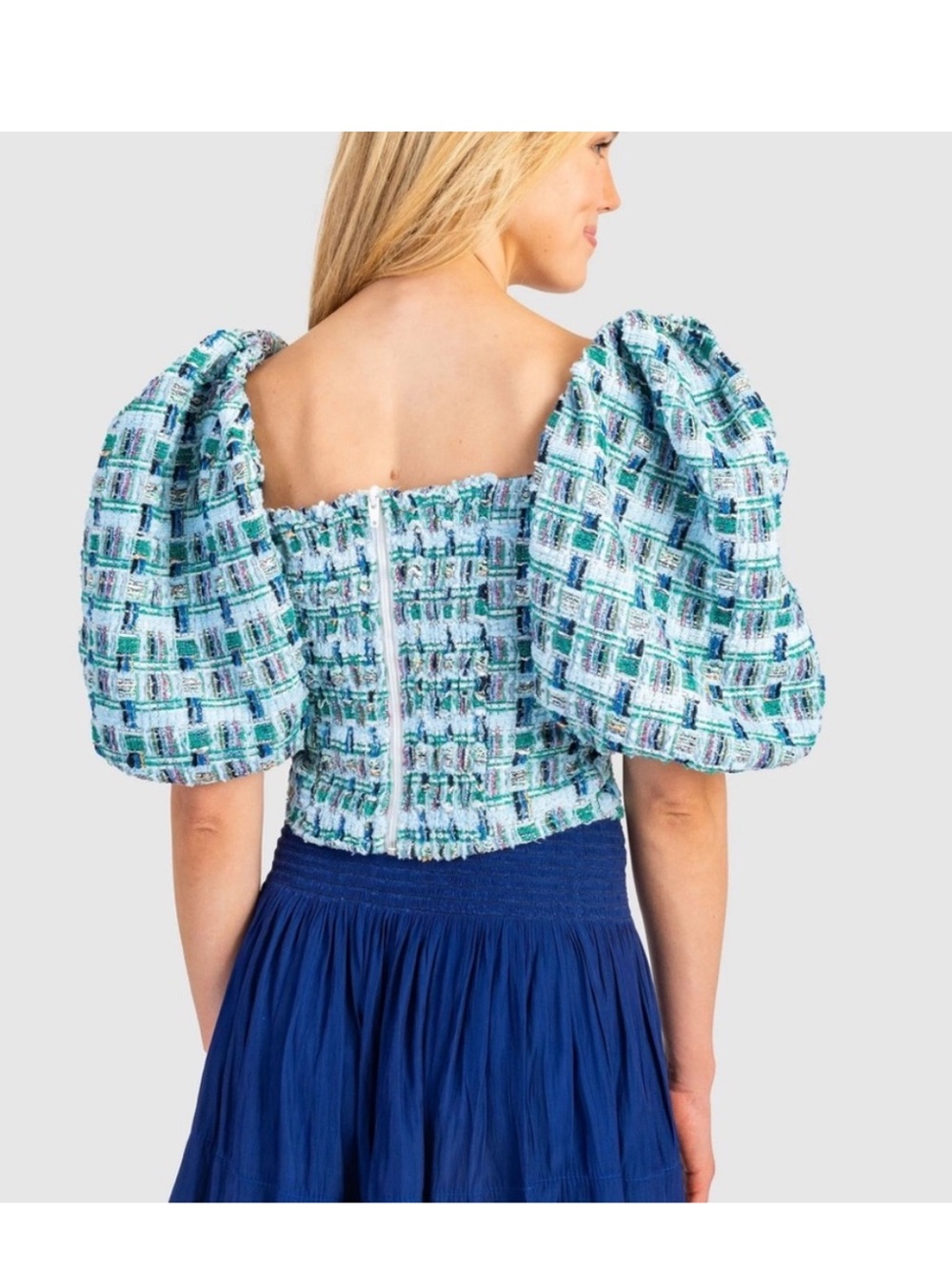 KOCH Puff Sleeve Tweed Top Square Neck Preppy Coastal Cowgirl Brunch NWT Small